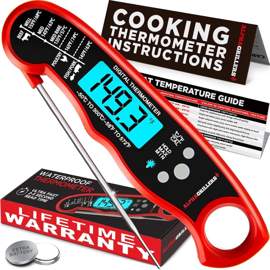 Alpha Grillers Instant Read Meat Thermometer for Grill and Cooking. Best Waterproof Ultra Fast Thermometer with Backlight Calibration. Digital Food Probe for Kitchen, Outdoor Grilling and BBQ!