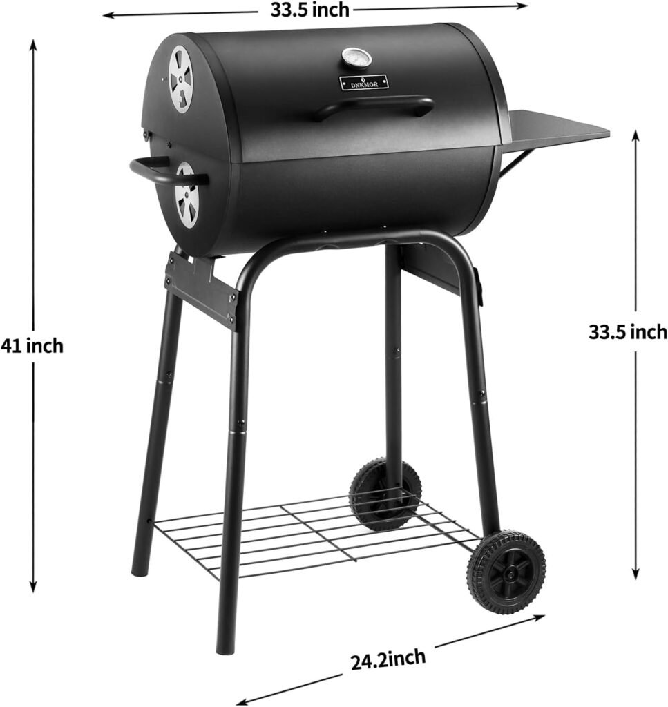 Charcoal Grills Outdoor BBQ Grill, Barrel Charcoal Grill with Side Table, with Nearly 500 Sq.In. Cooking Grid Area, Outdoor Backyard Camping Picnics, Patio and Parties, Black by DNKMOR