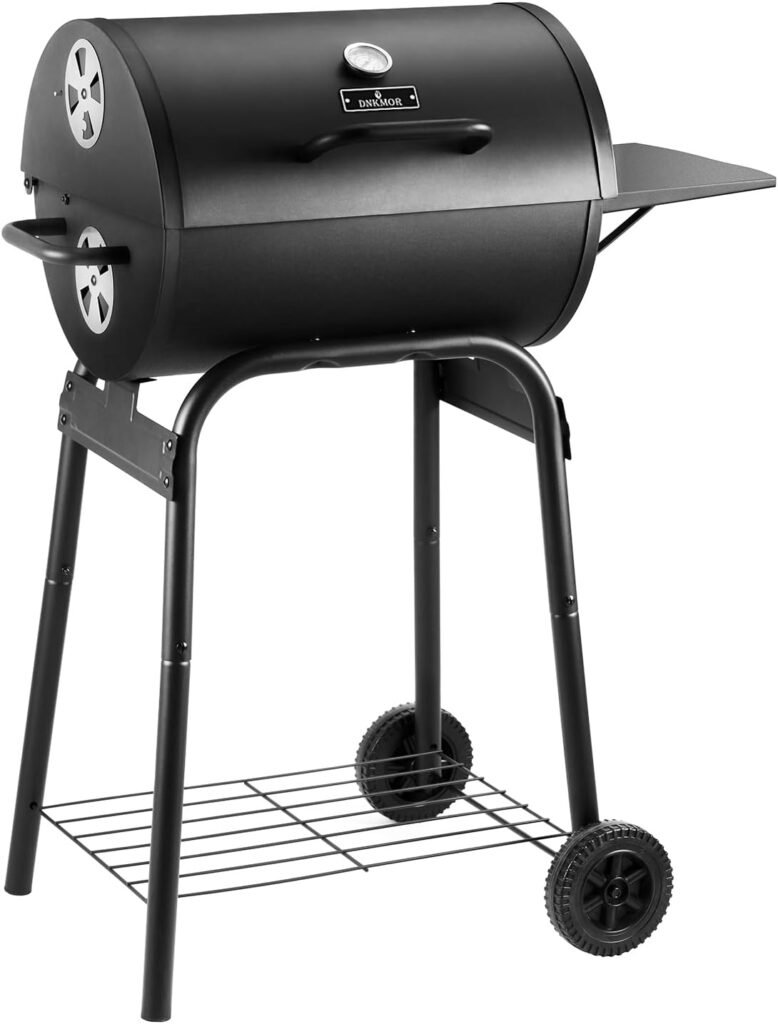 Charcoal Grills Outdoor BBQ Grill, Barrel Charcoal Grill with Side Table, with Nearly 500 Sq.In. Cooking Grid Area, Outdoor Backyard Camping Picnics, Patio and Parties, Black by DNKMOR