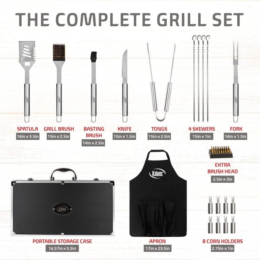 Kaluns Grilling Accessories, for Dad, Grill Tools Heavy Duty Stainless Steel Grill Set BBQ Grill Accessories for Outdoor Grill with Aluminum Case and Apron, Gifts for Men Dad Father